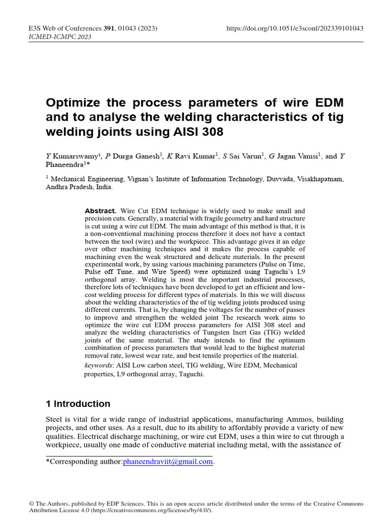 Optimize The Process Parameters of Wire EDM and To Analyse The Welding ...