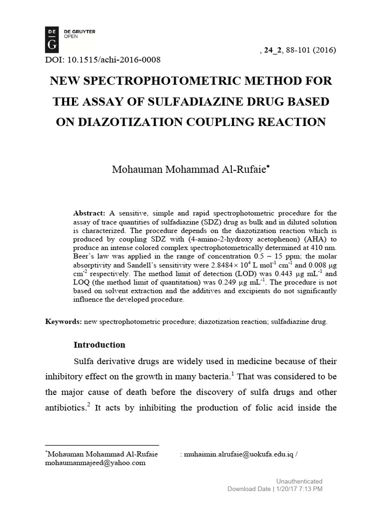 Spectrophotometric Assay of Sulfadiazine | PDF | Sodium Hydroxide ...
