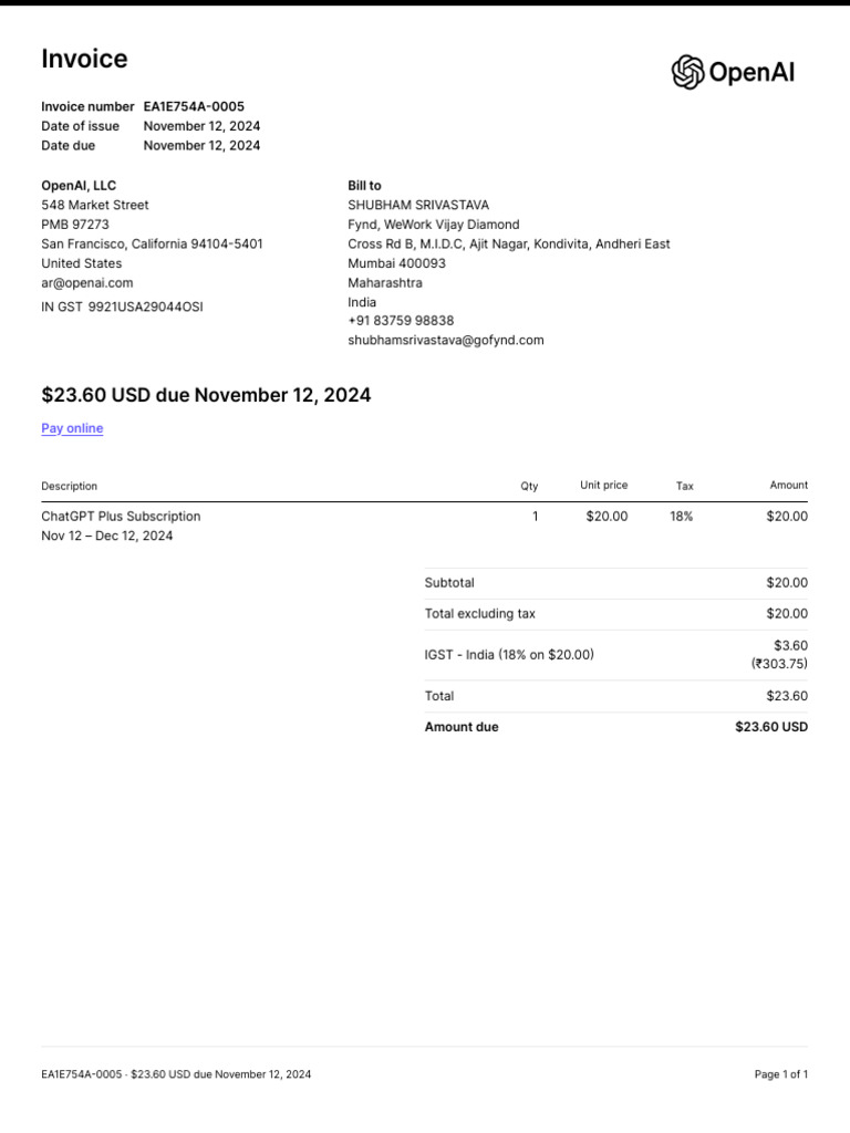 Invoice for ChatGPT Plus Subscription | PDF