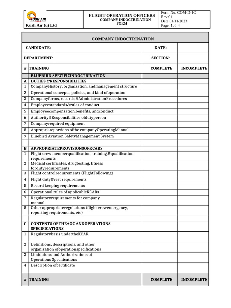 FORM 1A - FOO INDOCTRINATION TRAINING | PDF | Aviation | Aviation Safety