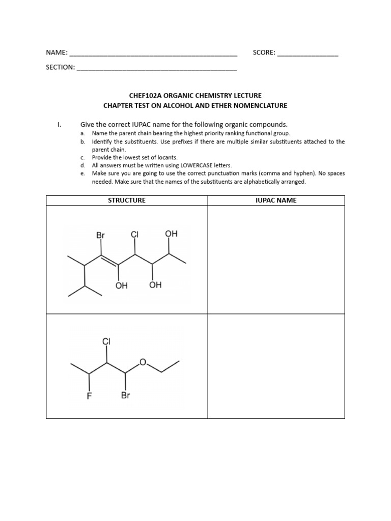 Ether Nomenclature Test Guide | PDF
