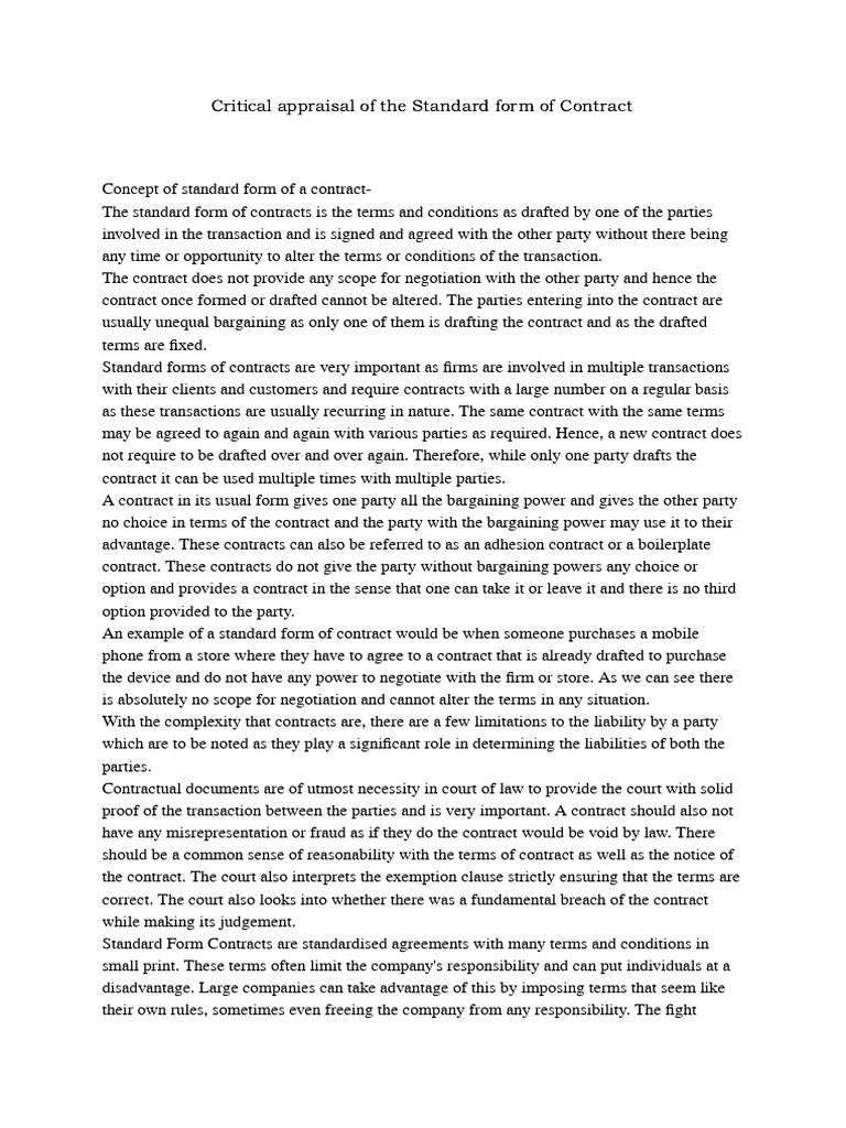 Critical Appraisal of The Standard Form of Contract | PDF | Common Law ...
