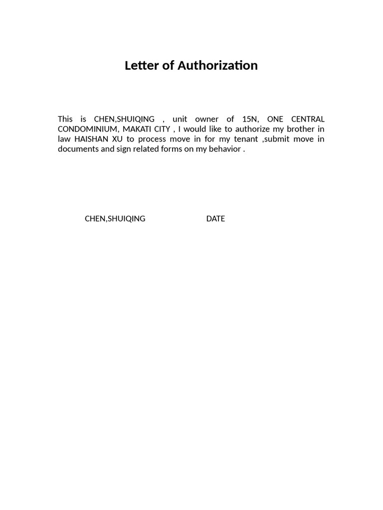 Authorization Letter for Tenant Move-In | PDF