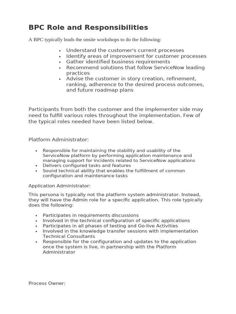 BPC Roles in ServiceNow Implementation | PDF | Usability