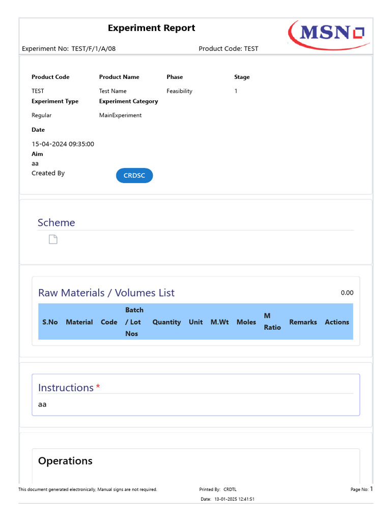 Experiment Report for Product TEST | PDF