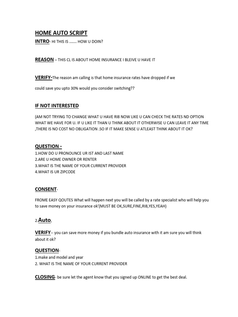 Home and Auto Insurance Call Script | PDF