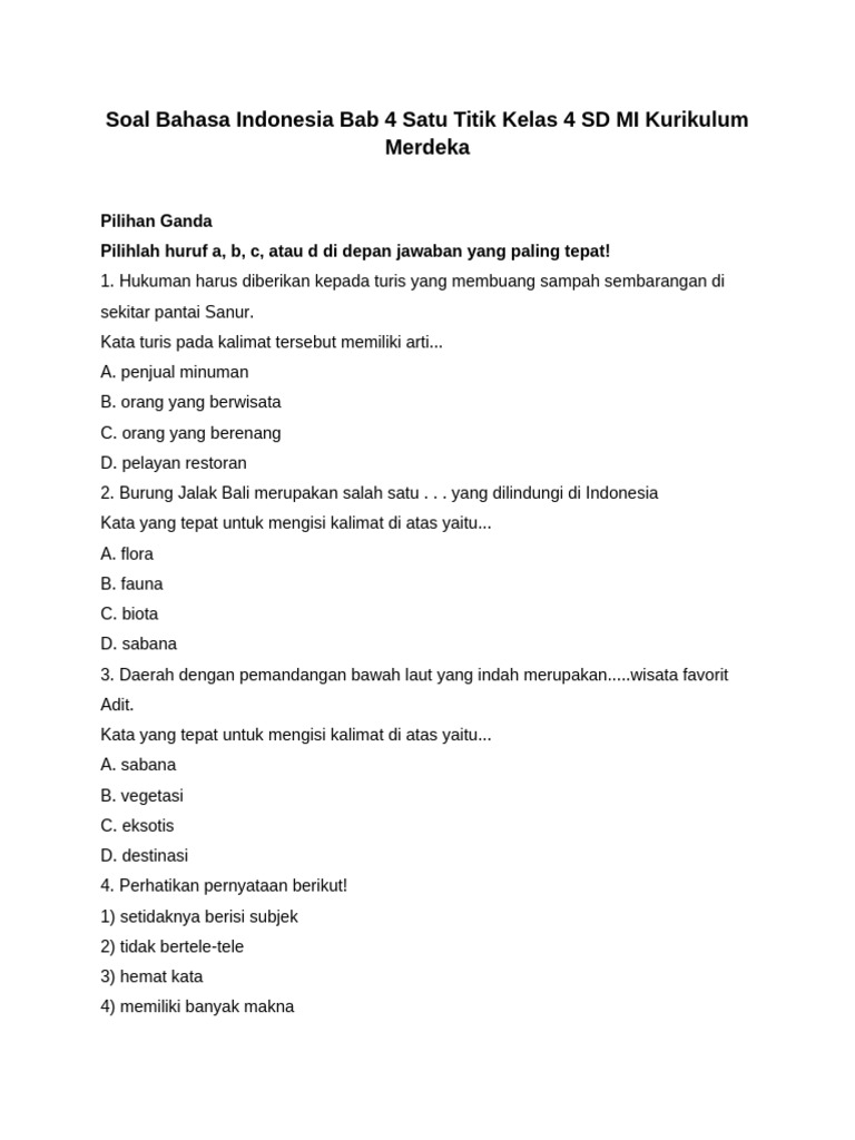 Soal Bahasa Indonesia Bab 4 Satu Titik Kelas 4 SD MI Kurikulum Merdeka ...