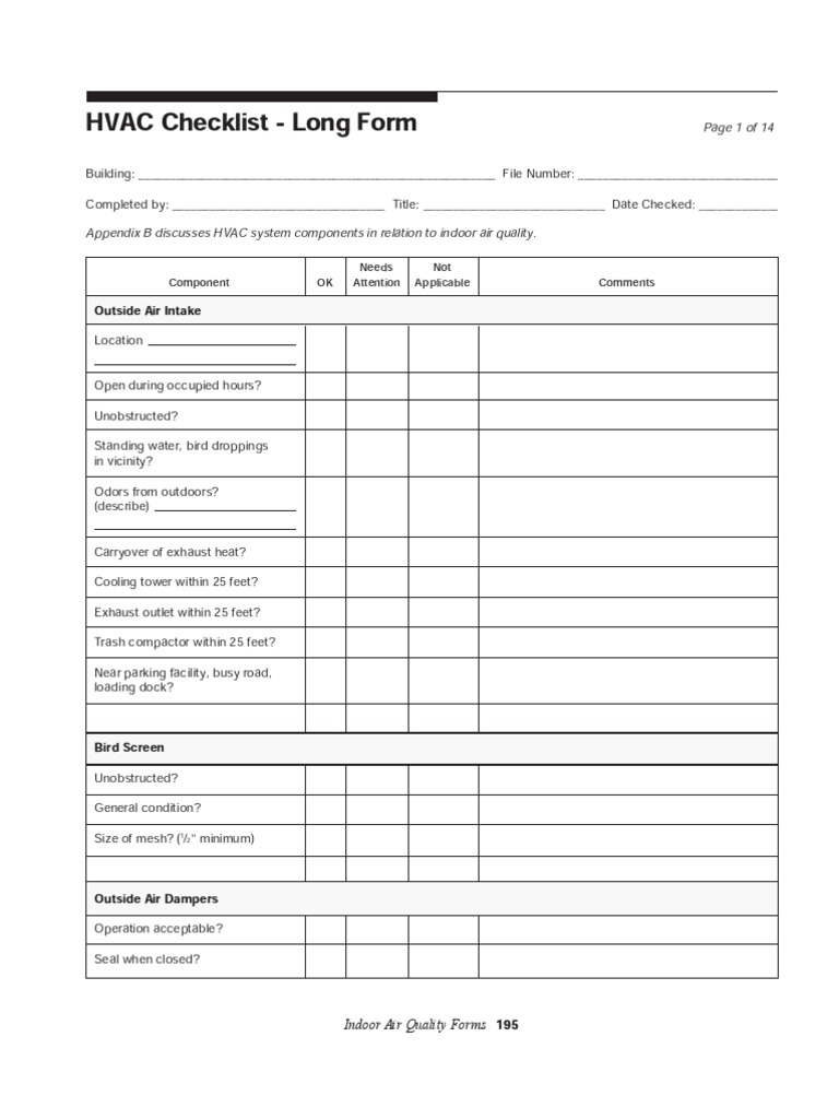 HVAC Check List Indoor Air Quality Hvac Duct (Flow)