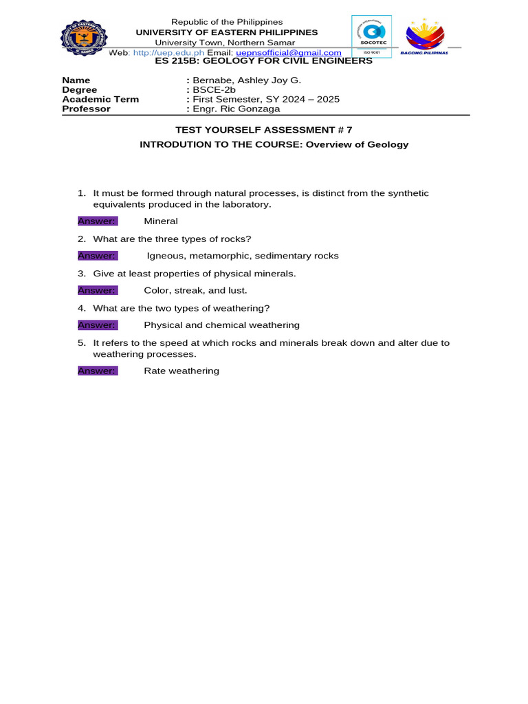 Self-Assessment 7 - G2-Rocks and Types of Minerals | PDF