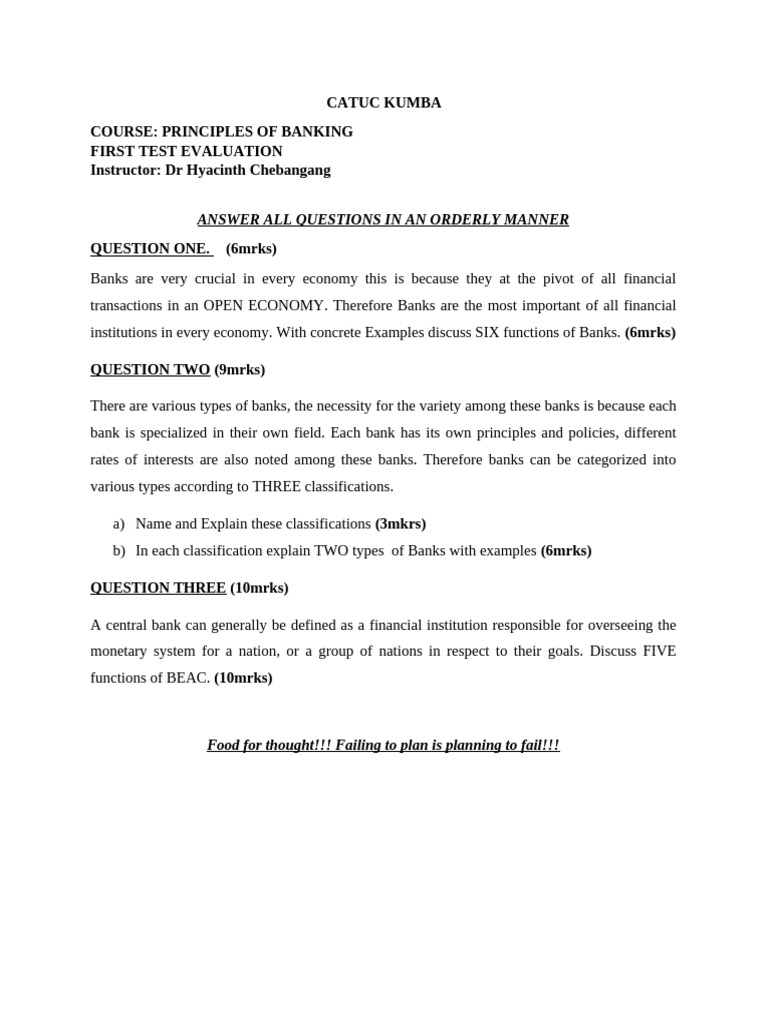 First Test - CATUC KUMBA - Prin of - Banking | PDF