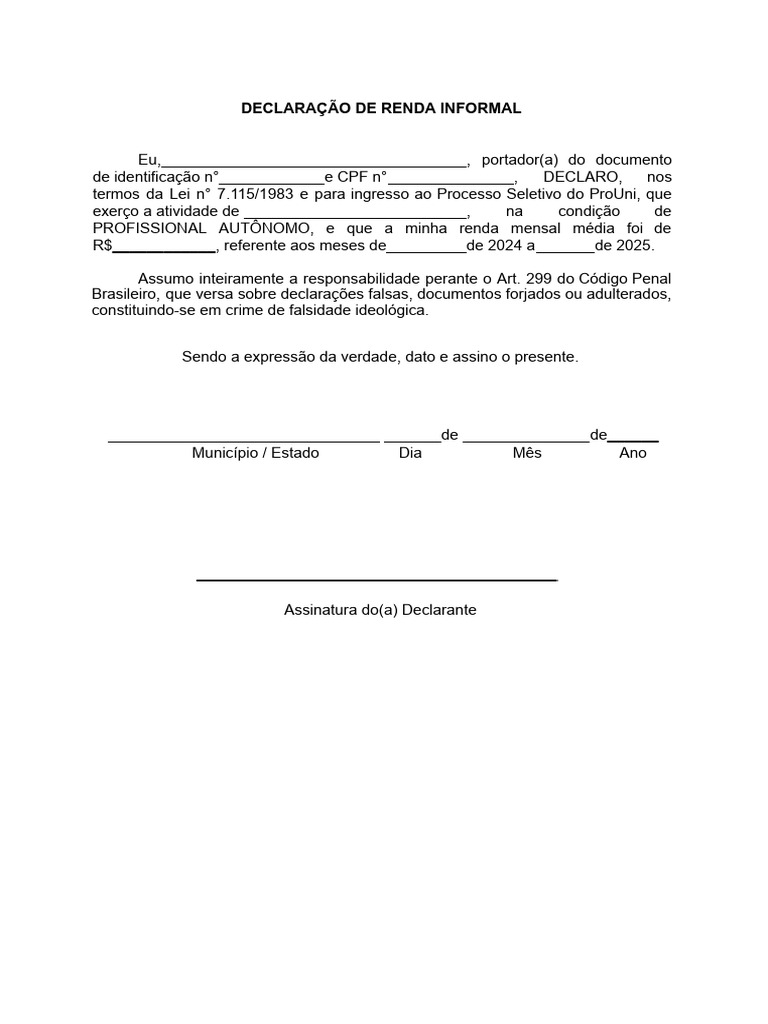 Declaração de Renda Informal para ProUni | PDF
