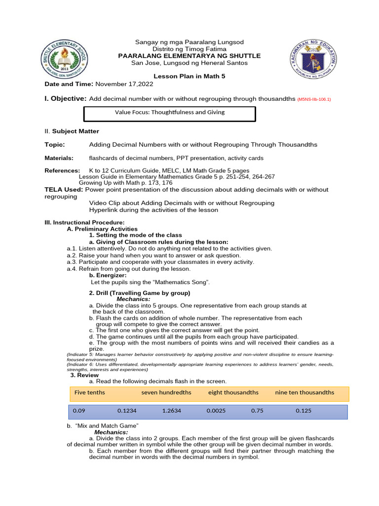 Math Lesson Plan: Adding Decimals | PDF | Learning | Educational Technology