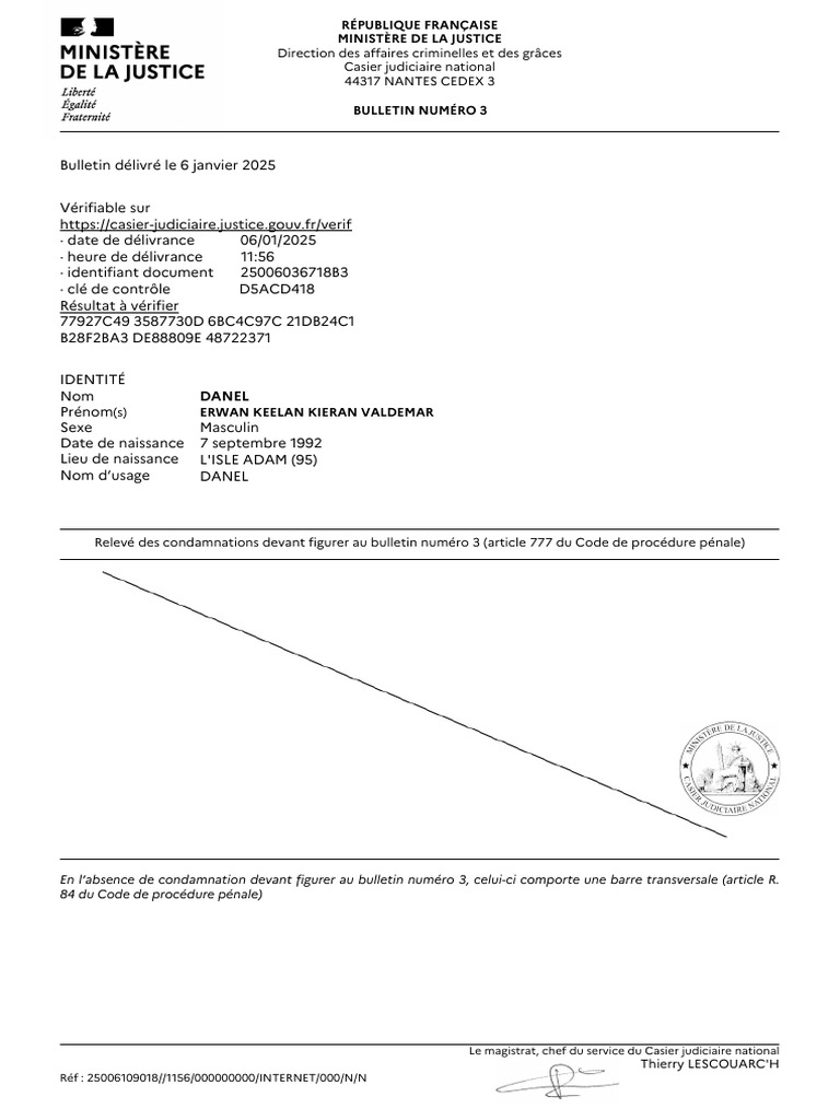 Bulletin n°3 Casier Judiciaire Erwan Danel | PDF | Justice | Crime et ...