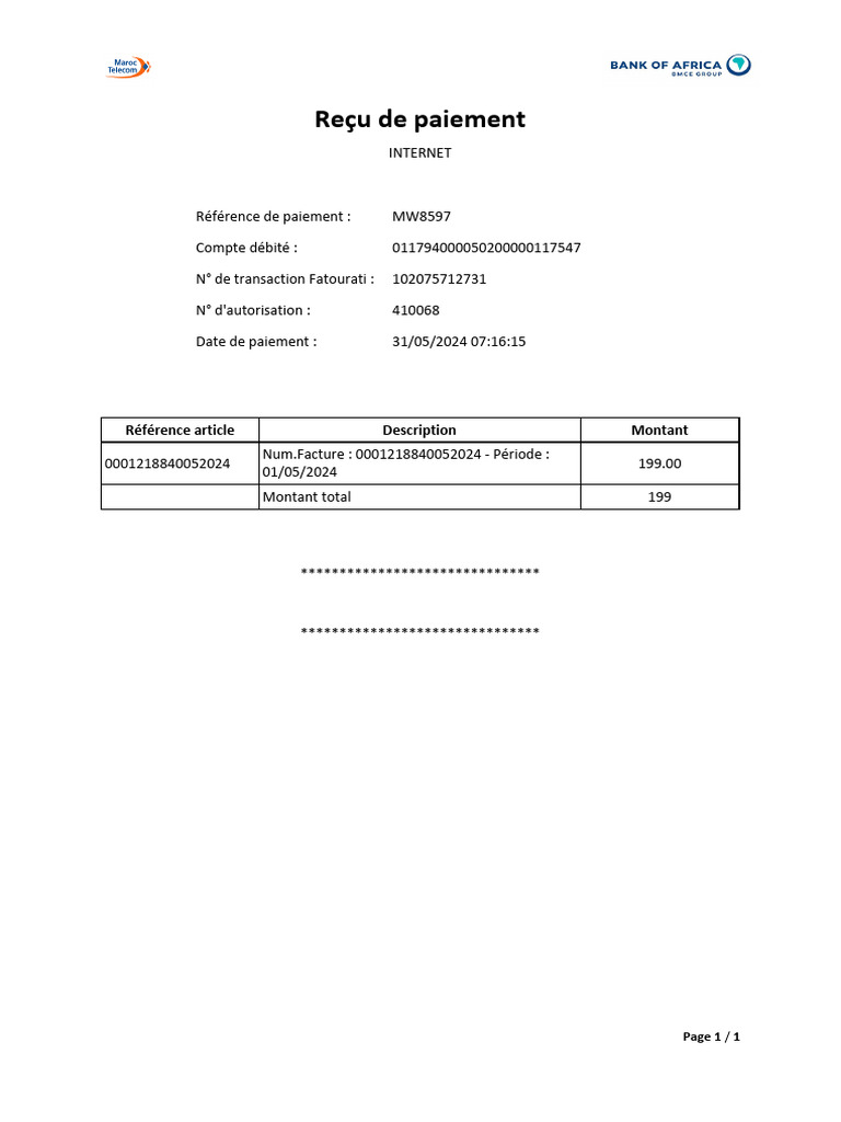 Reçu de paiement Internet - 31/05/2024 | PDF