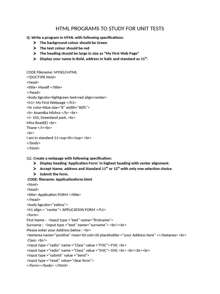 HTML Programs To Study For Unit Tests | PDF | Html | World Wide Web