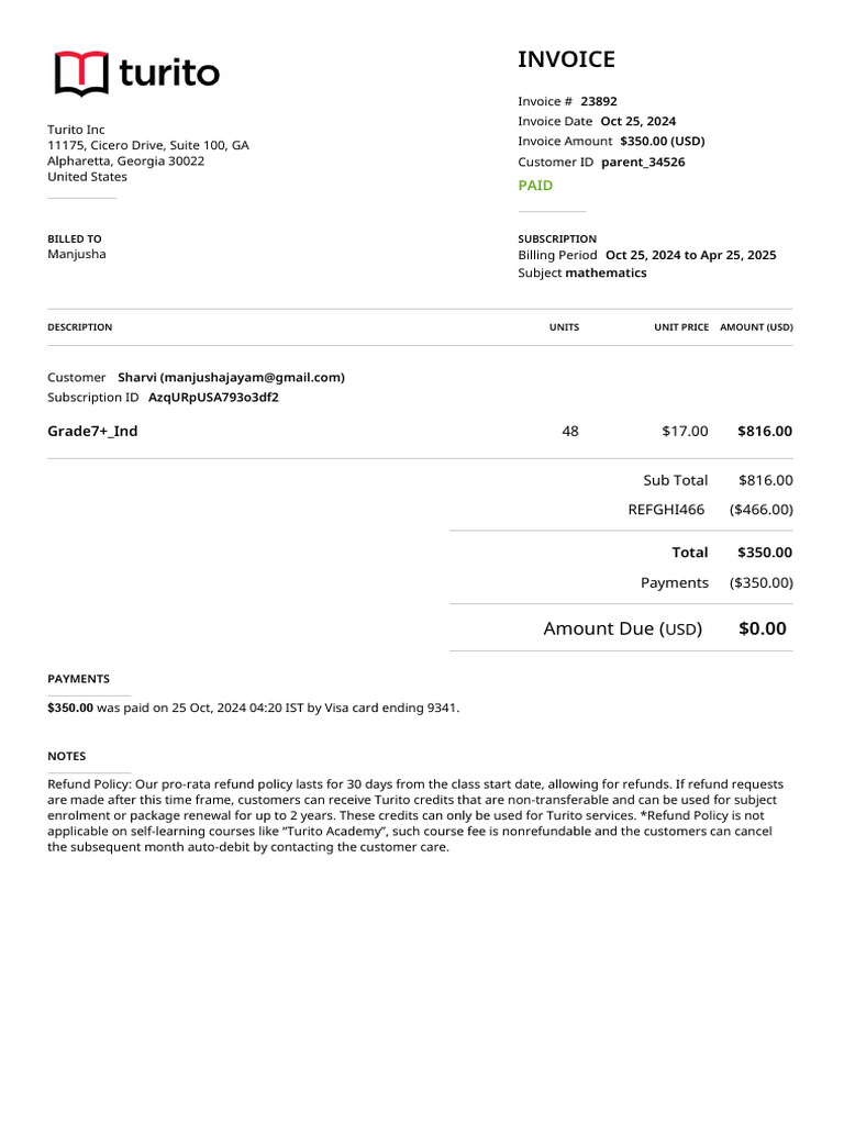 Turito Invoice #23892 for Subscription | PDF | Payments