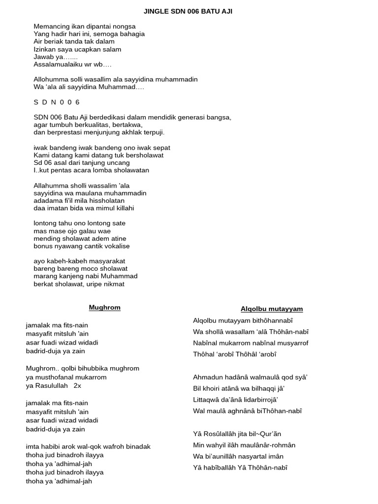 Lirik Sholawat Mughrom dan Jingle SDN 006 | PDF
