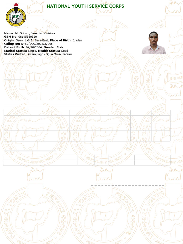 NYSC Personal Details: Jeremiah Oriowo | PDF