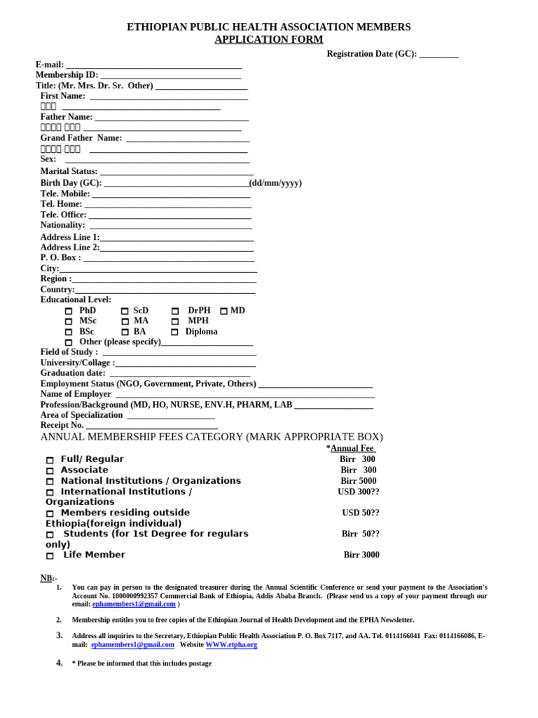 EPHA Membership Application Form | PDF | Ethiopia | Qualifications
