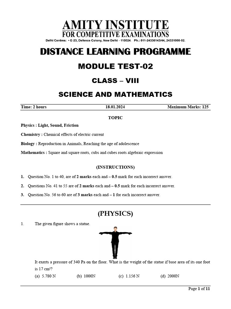 Class VIII Science & Math Test 2024 | PDF | Anode