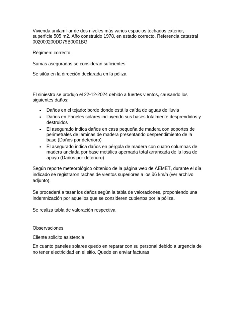 Informe de daños por siniestro 22-12-2024 | PDF | Póliza de seguros | Techo