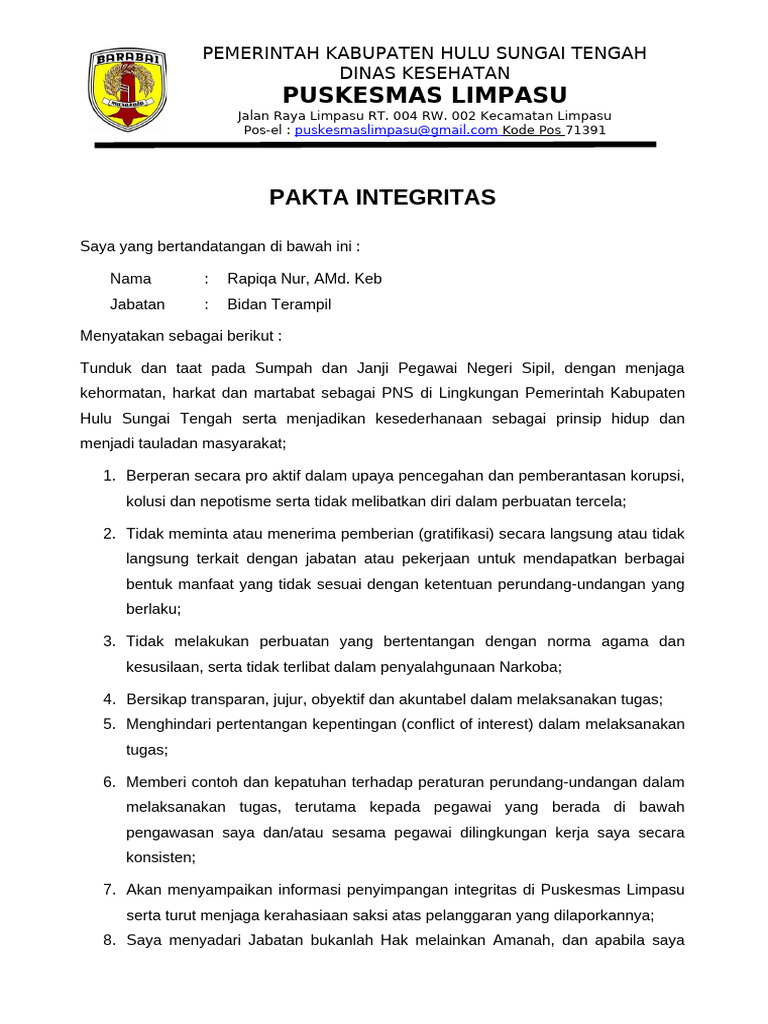 Pakta Integritas PNS di Puskesmas Limpasu | PDF
