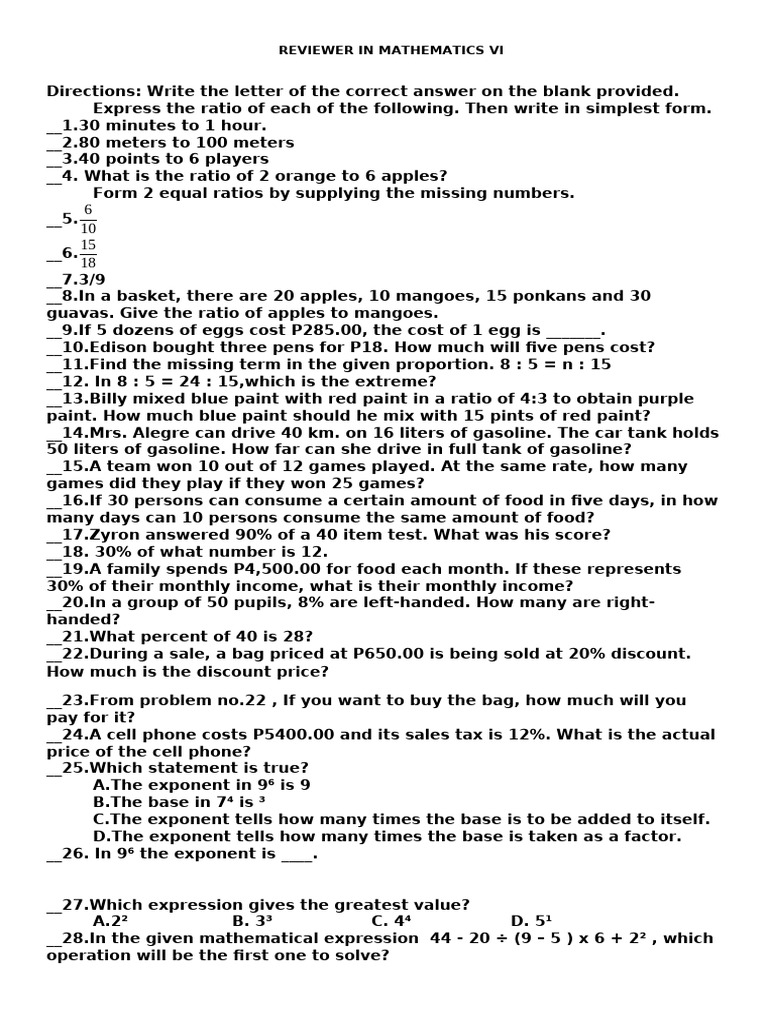 Reviewer in Math 6 | PDF | Ratio | Integer