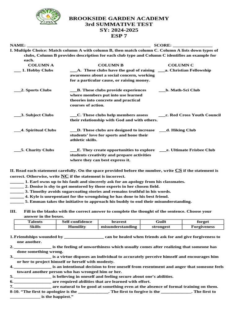 Brookside Academy ESP 7 Summative Test | PDF | Forgiveness ...