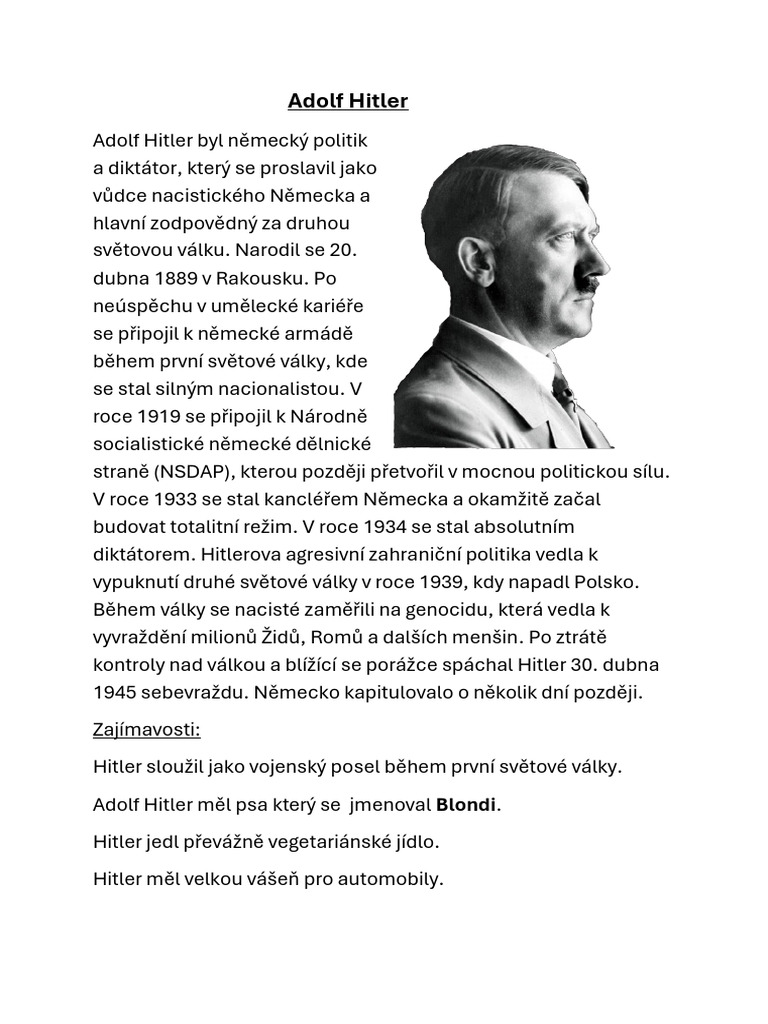 Adolf Hitler Byl Německý Politik A Diktátor | PDF