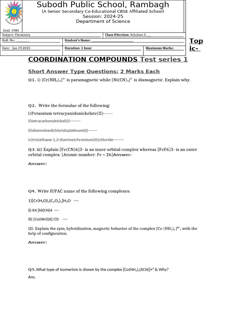 Coordination Compounds Test Questions | PDF | Coordination Complex ...