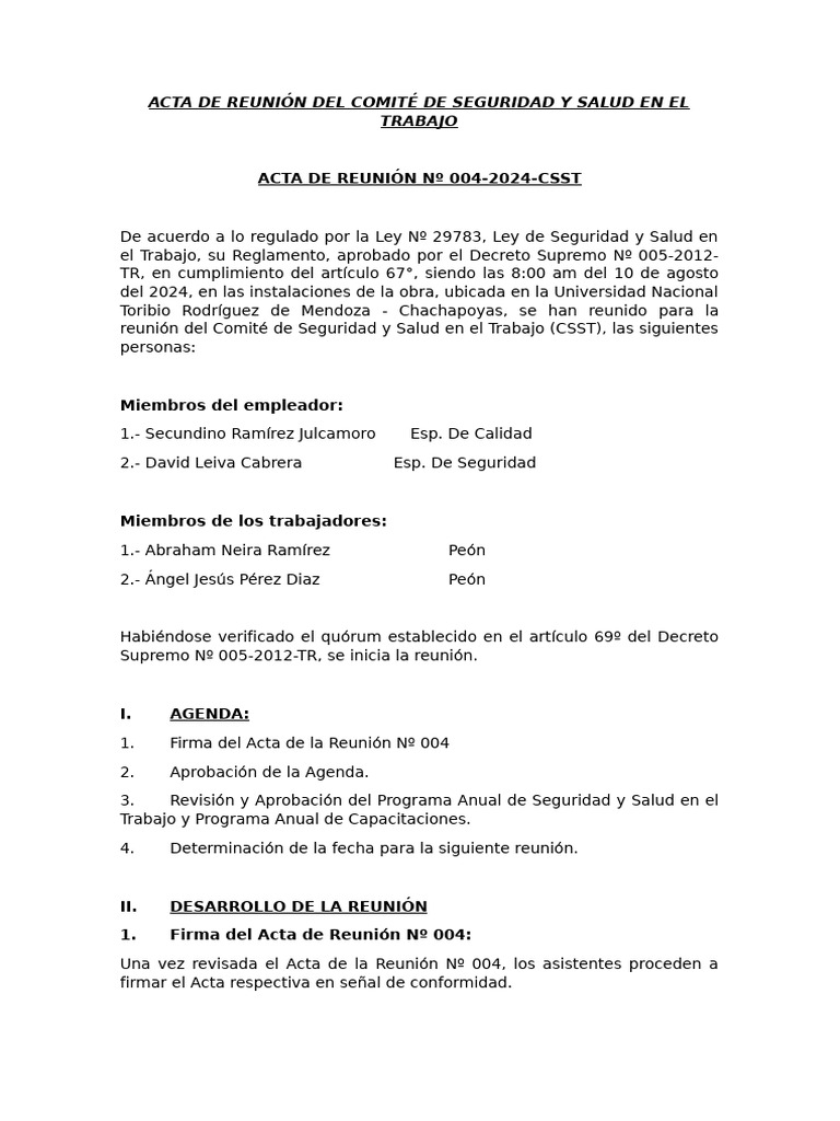 Acta de Reunión Del Comité de Seguridad y Salud en El Trabajo Ccu | PDF ...