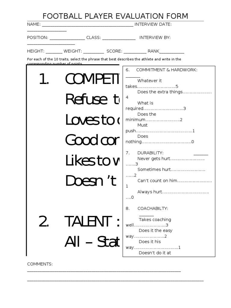 Football Player Evaluation Form Sports Leisure