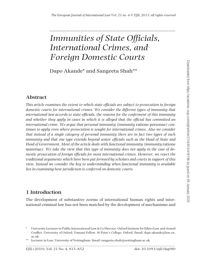State Officials' Immunities in International Law | PDF | International ...