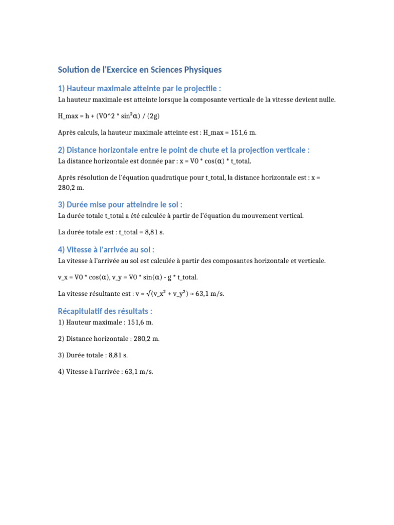 Solution Exercice Sciences Physiques | PDF