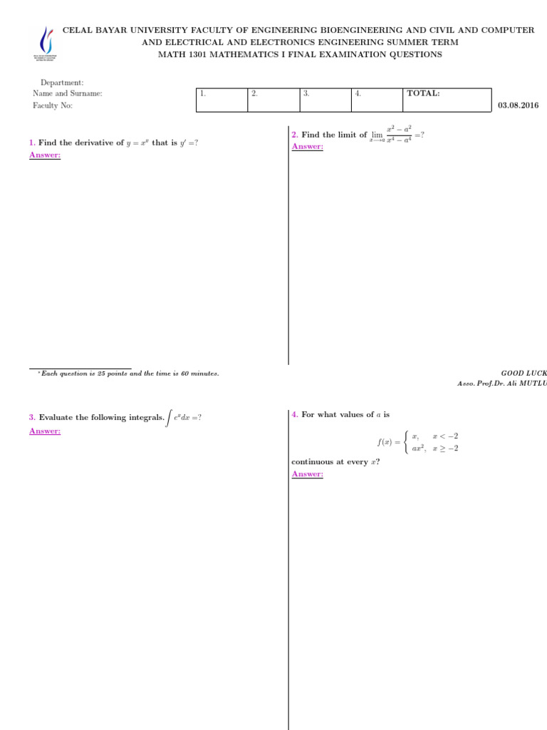 Math I Final Exam Questions 2016 | PDF