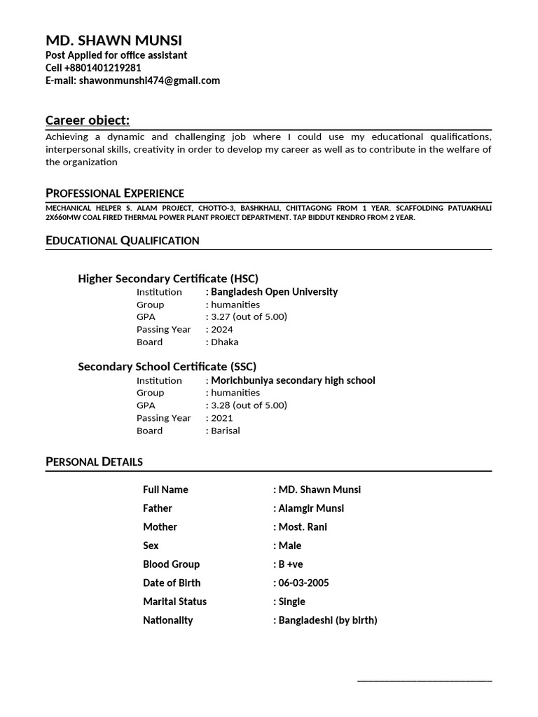 Office Assistant Resume of MD. Shawn Munsi | PDF