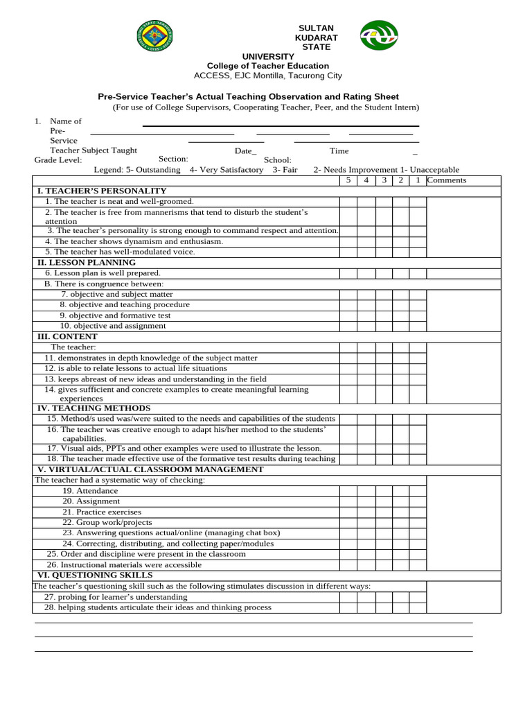 Pre-Service Teacher Observation Rating Sheet | PDF | Teachers ...