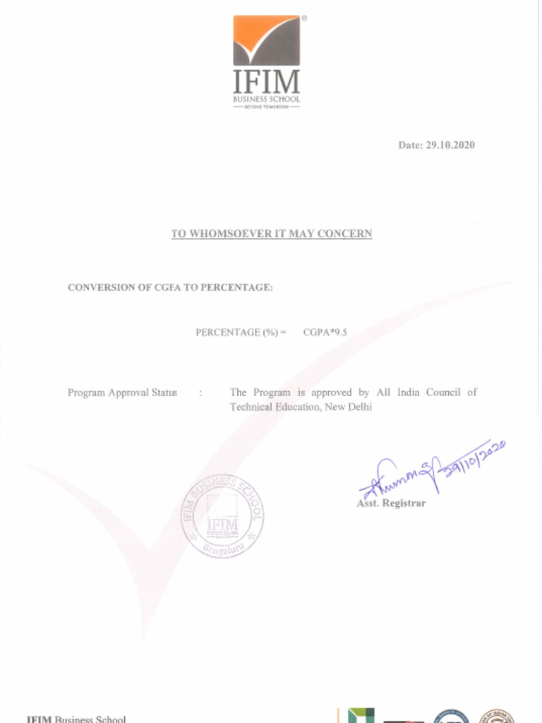 Ifim cgpa to percentage conversion certificate pdf