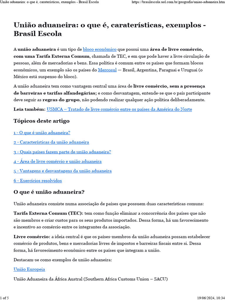 União aduaneira o que é, caraterísticas, exemplos - Brasil Escola | PDF ...