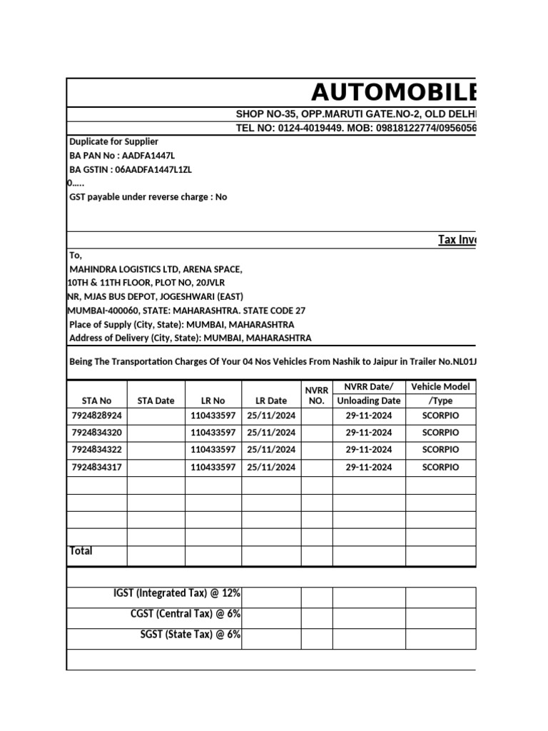 Transportation Invoice for Automobile Carriers | PDF | Invoice | Taxation