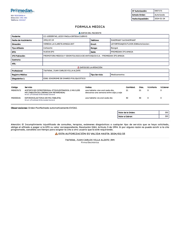 Formula Medica: Esta Autorización Es Valida Hasta: 2024/02/23 | PDF ...