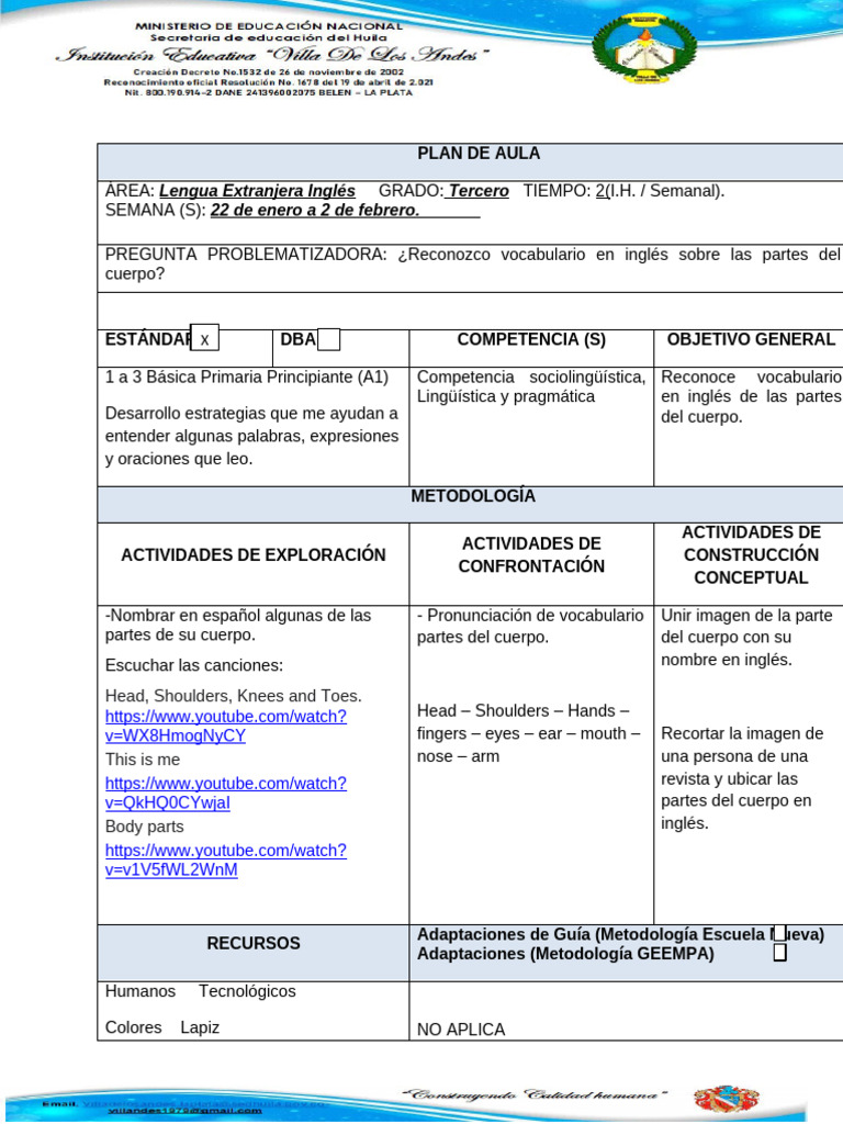 Plan de Aula: Inglés Tercero Primaria | PDF | Lingüística ...