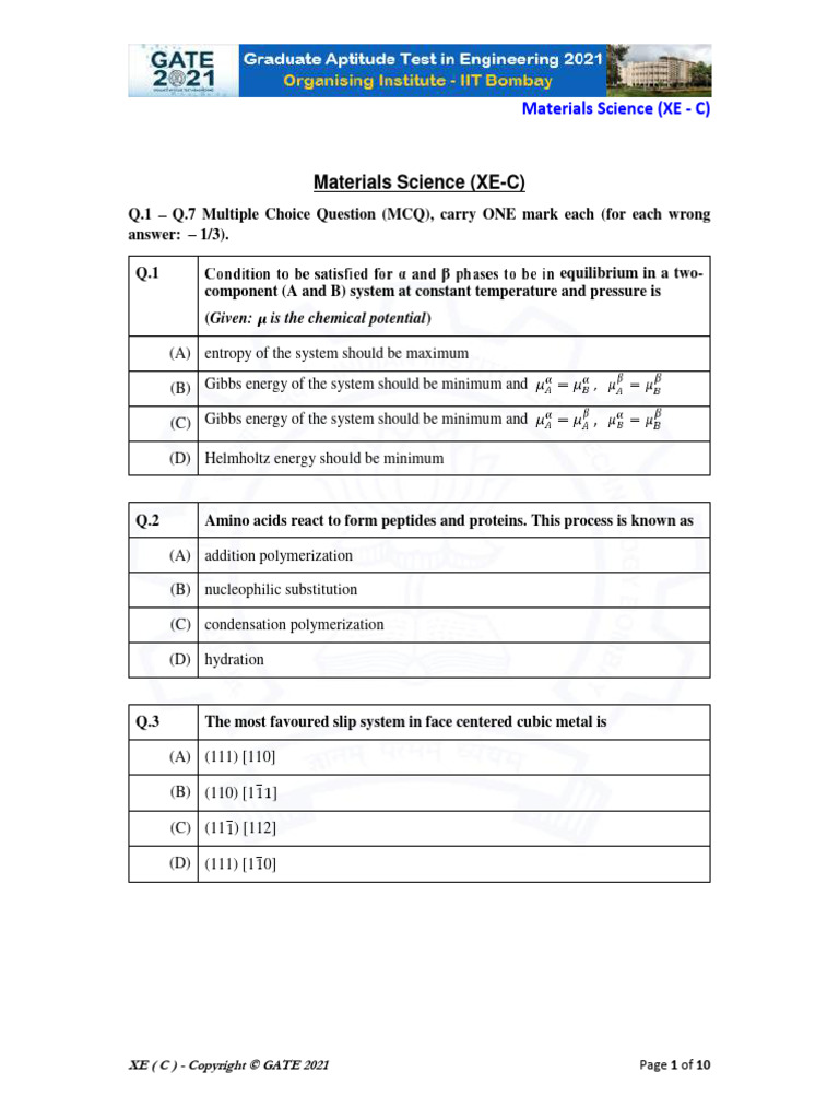 GATE 2021 Materials Science Questions | PDF | Heat Treating | Applied ...