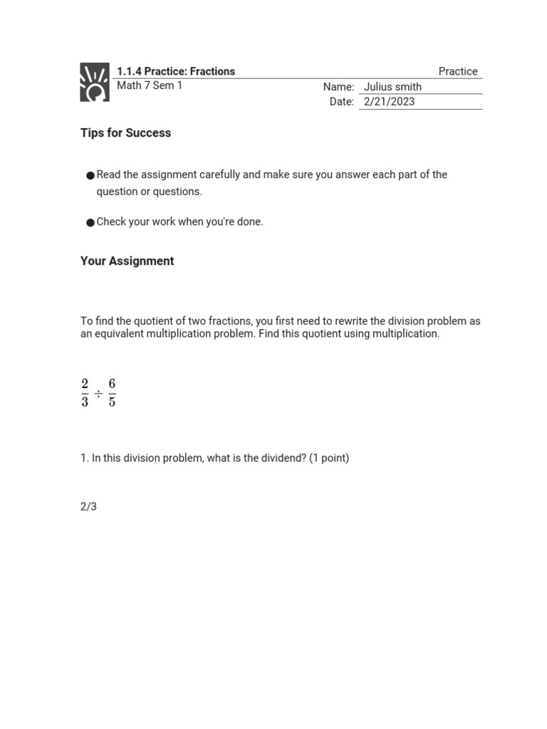 1.1.4 Practice - Fractions (Practice) | PDF
