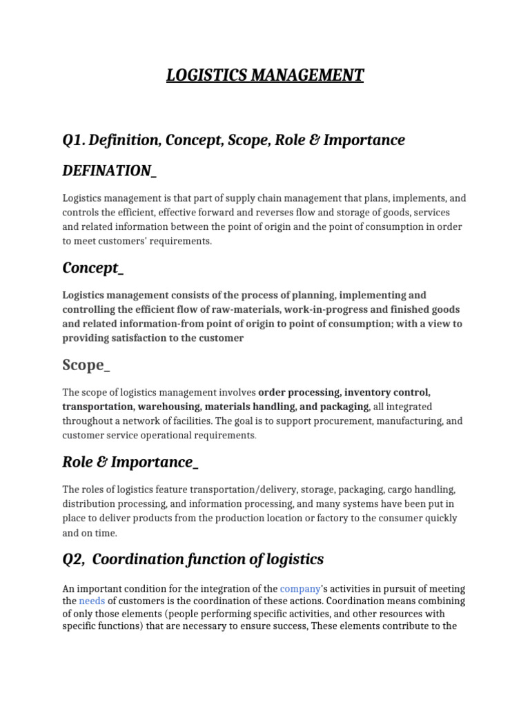 LOGISTICS MANAGEMENT BBA Complete | PDF | Logistics | Warehouse
