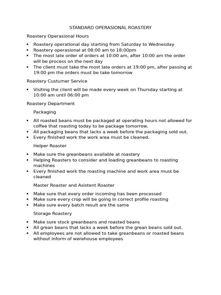 Roastery Operational Guidelines and Hours | PDF