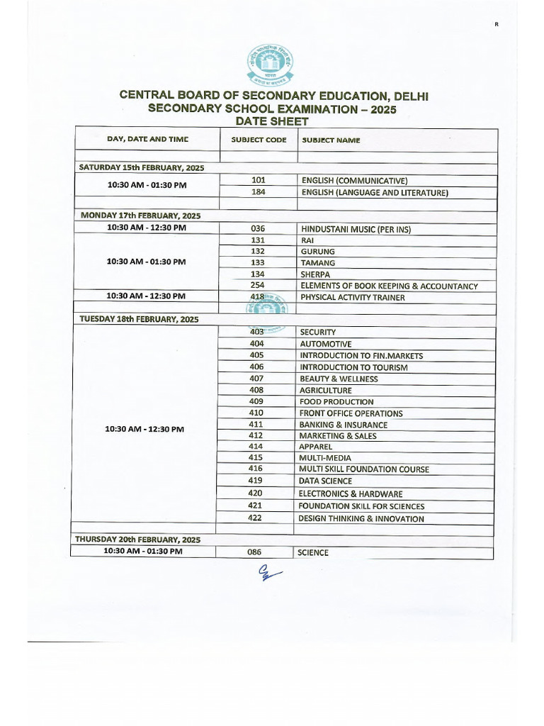 Date Sheet Class X 2025 | PDF