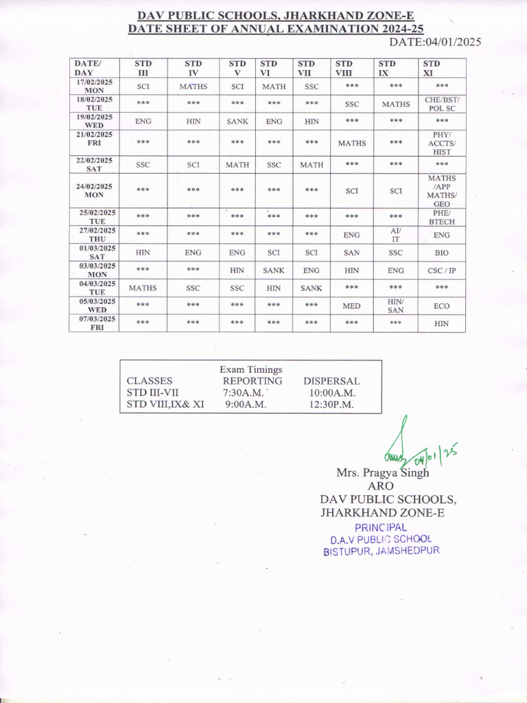 Datesheet Annual Exam 2024 25 JH Zone E | PDF