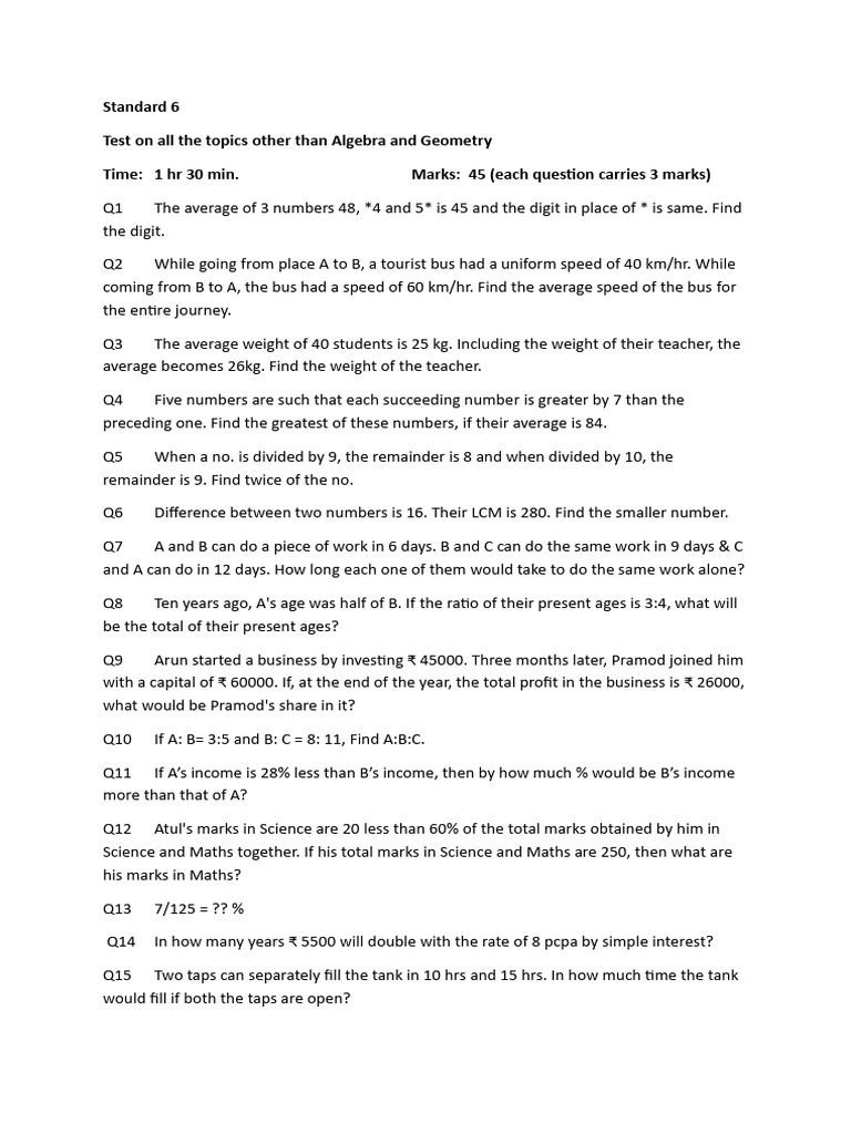 Standard 6 Math Test: Non-Algebra Topics | PDF