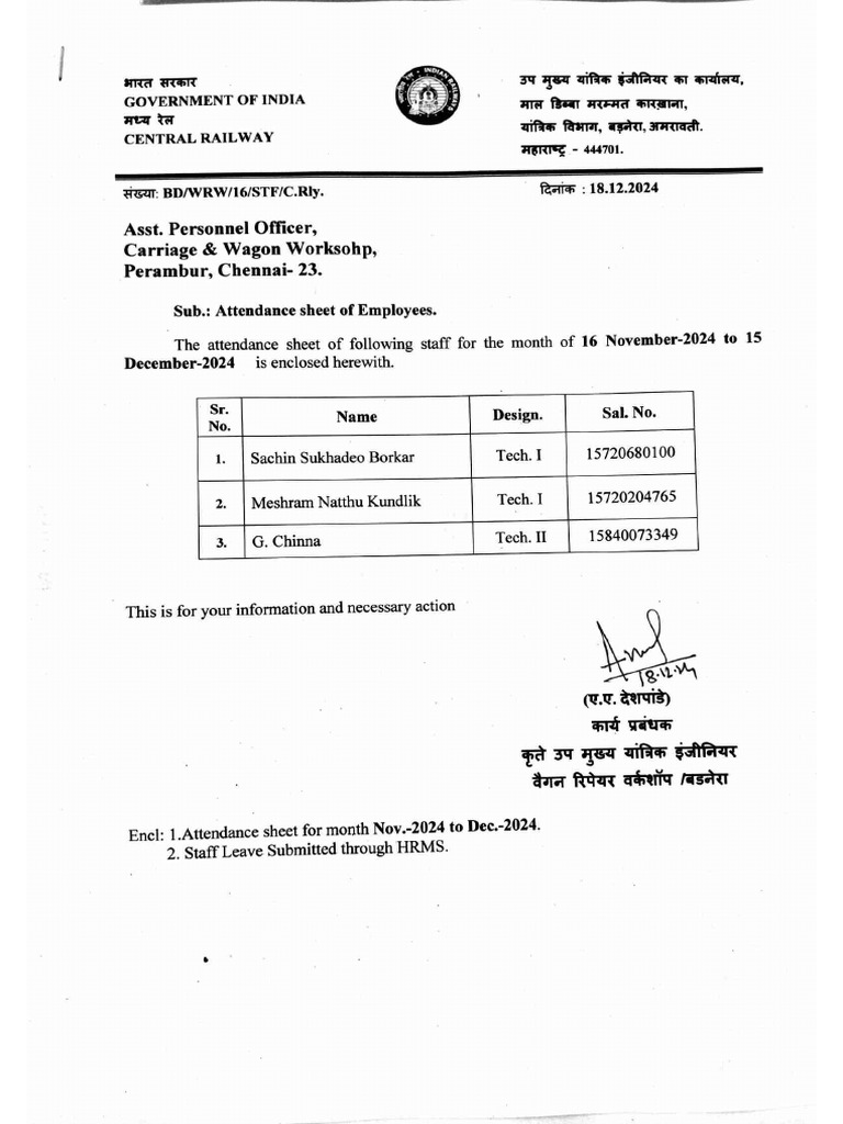 Perambur attendace pdf
